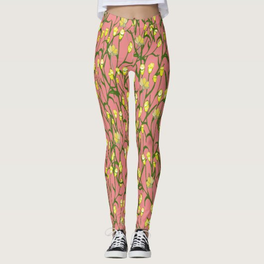 Gele Bloemen Roze Achtergrond  Leggings (Voorkant)