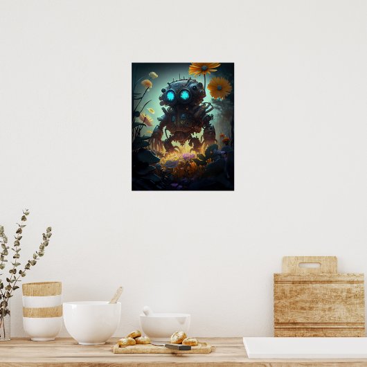 Gele Bloemen Sci-fi Robot Poster (Keuken)