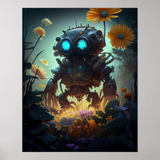 Gele Bloemen Sci-fi Robot Poster (Voorkant)