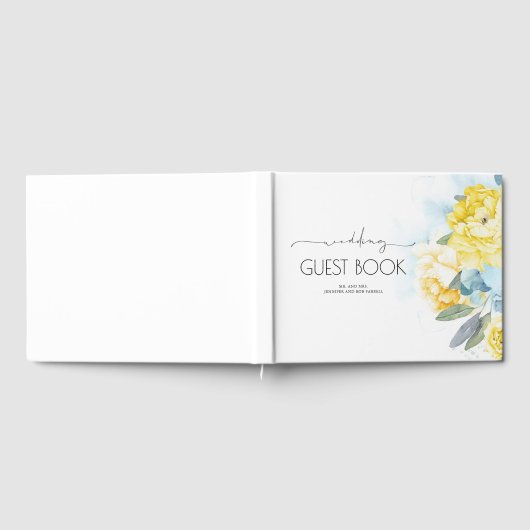 Gele Bloemen Stoffig Blauw Groen Bruiloft Gastenboek (Volledig)