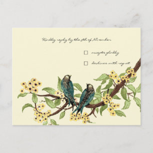 Gele bloemen Teal Vintage Liefdesvogels Reactie Uitnodiging Briefkaart