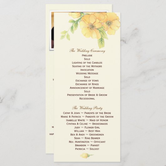 Gele Bloemen Trouwprogramma Foto Keepsake Programmakaart (Voorkant / Achterkant)