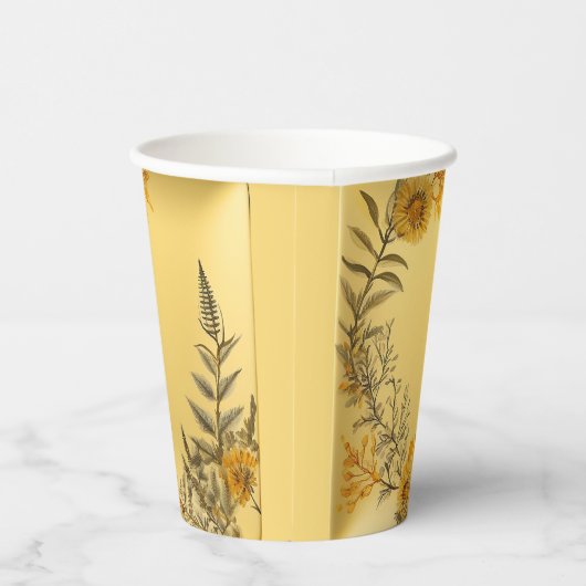 Gele Bloemen Varen Groen Elegant Papieren Bekers (Rechts)