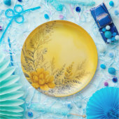 gele bloemen varens groen papieren bordje (Feest)