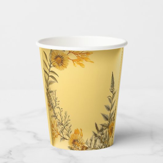 Gele Bloemen Varens Groene Elegantie Papieren Bekers (Achterkant)