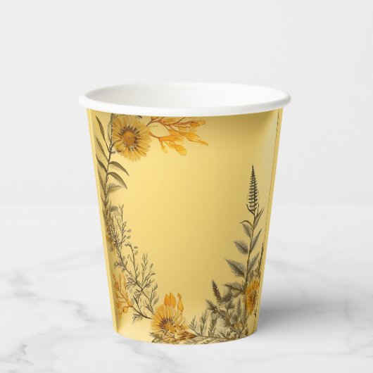 Gele Bloemen Varens Groene Elegantie Papieren Bekers (Voorkant)