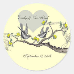 Gele Bloemen Vintage Liefdesvogels Trouwstickers Ronde Sticker