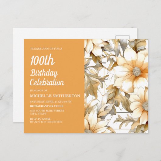 Gele Bloemen Vrouwen 100e Verjaardag Uitnodiging Briefkaart (Voorkant / Achterkant)