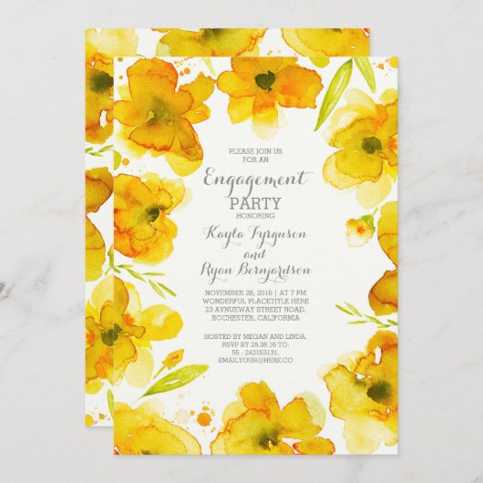 Gele Bloemen Waterverf  Engagement Party Kaart (Voorkant / Achterkant)