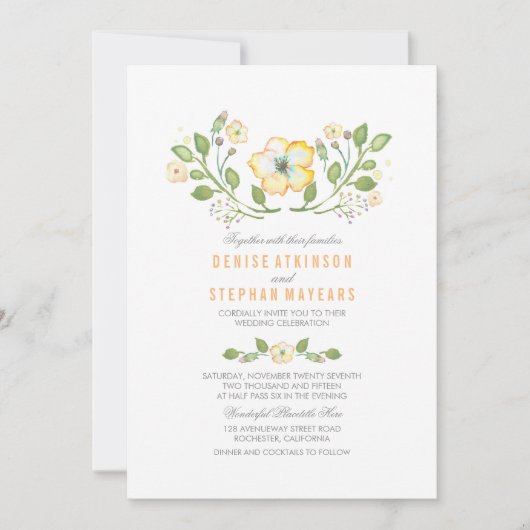 Gele Bloemen Waterverf Huwelijksuitnodigingen Kaart (Voorkant)