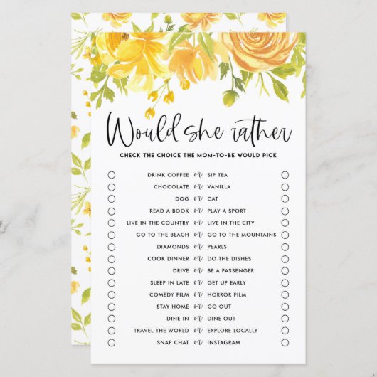 Gele Bloemen Zou Ze Liever Baby Shower Spel (Voorkant / Achterkant)