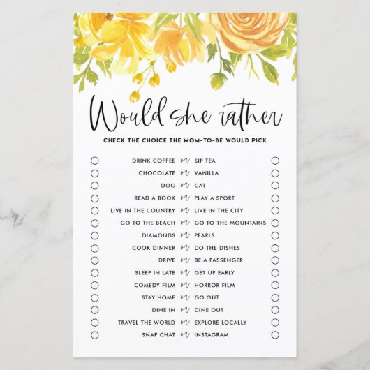 Gele Bloemen Zou Ze Liever Baby Shower Spel (Voorkant)