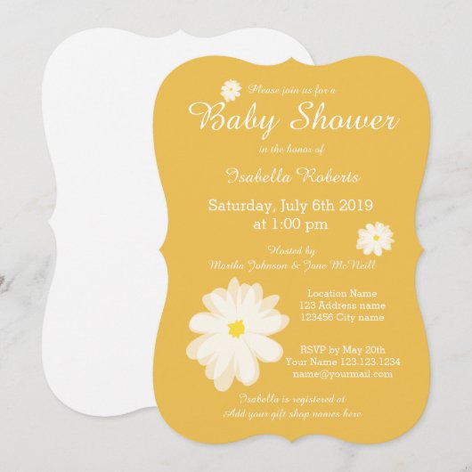 Gele bloemenbaby douche uitnodigingen met bloemen (Voorkant / Achterkant)