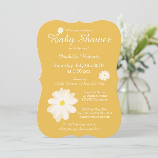 Gele bloemenbaby douche uitnodigingen met bloemen (Staand voorkant)