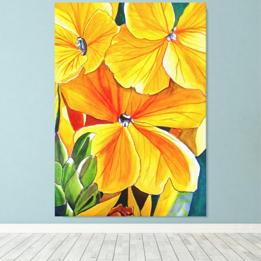 Gele bloemenbloem waterverf canvas afdruk (Insitu (Houten vloer))