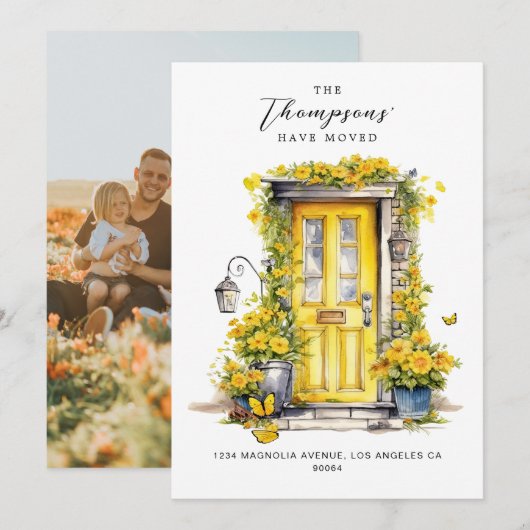 Gele bloemendeur We hebben verplaatst Foto Verplaa Aankondiging (Voorkant / Achterkant)