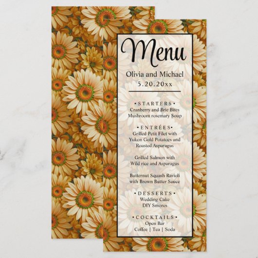 Gele bloemengele zonnebloem gele madeliefjes menu (Voorkant / Achterkant)