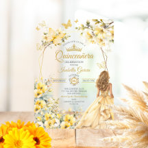 Gele bloemenkroon gouden tiara vlinders Quinceañer