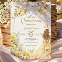 Gele bloemenkroon gouden tiara vlinders Quinceañer