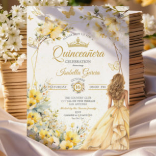 Gele bloemenkroon gouden tiara vlinders Quinceañer Kaart