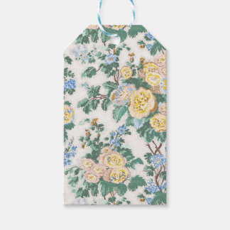 Gele bloemenschintz, stokroos tuin cadeaulabel