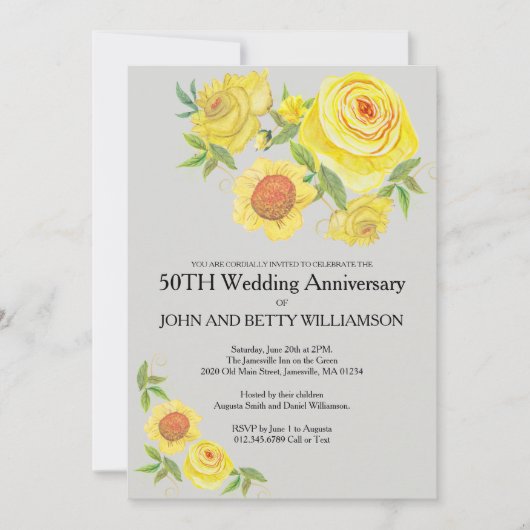 Gele bloemige aquarel 50ste huwelijksverjaardag kaart (Voorkant)