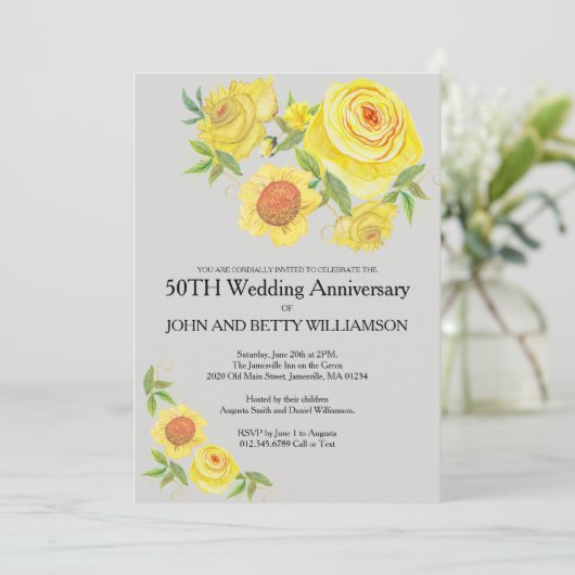 Gele bloemige aquarel 50ste huwelijksverjaardag kaart (Staand voorkant)