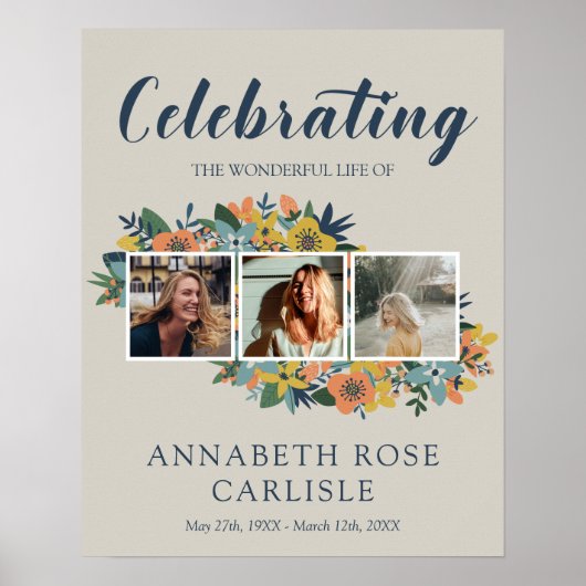 Gele Bloemige Fotocollage Rouwontvangst Poster (Voorkant)