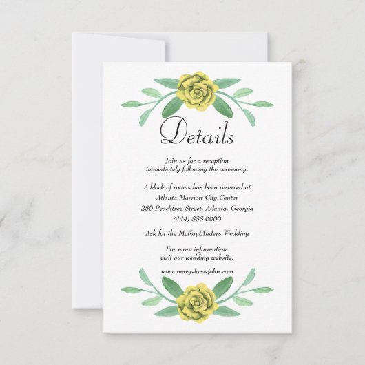 Gele bloemige groene bladweddingdetails aankondiging (Voorkant)
