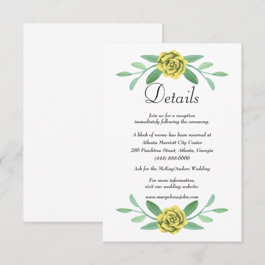 Gele bloemige groene bladweddingdetails aankondiging (Voorkant / Achterkant)
