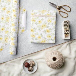 Gele bloemige inpakpapier, watercolor bloemen cadeaupapier
