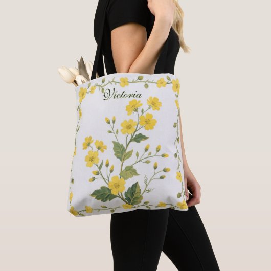 Gele bloemige leuke tuinvloeien tote bag (Dichtbij)