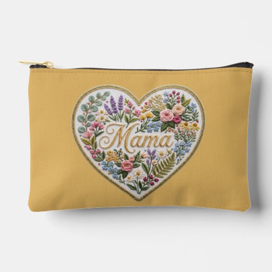 Gele bloemige namaakborduurhart mama etui (Voorkant)