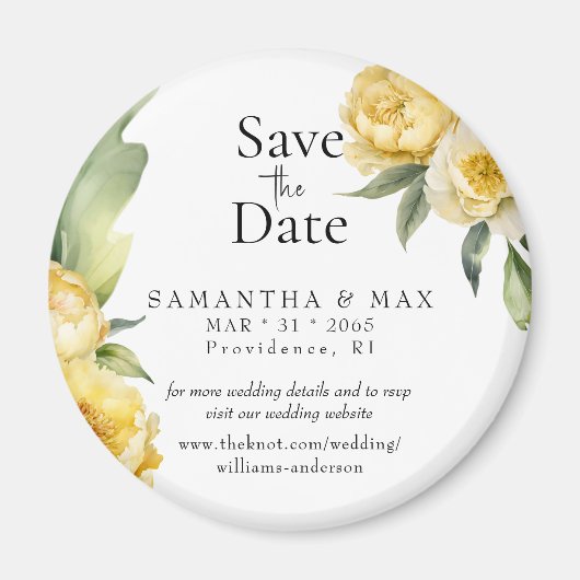 Gele bloemige ronde Save the Date-huwelijkskaart Magneet (Voorkant)