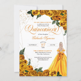 Gele bloemige roos & gouden elegante Quinceañera I Kaart