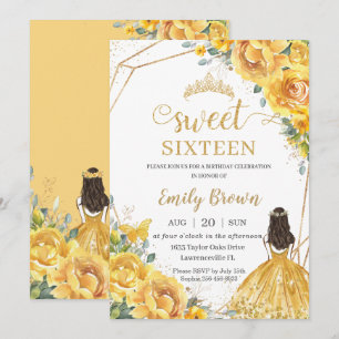 Gele bloemige Sweet 16 verjaardag prinses kroon Kaart
