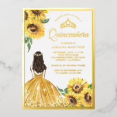 Gele bloemjurk Zonnewinden Quinceanera Goud Folie Uitnodiging (Voorkant)