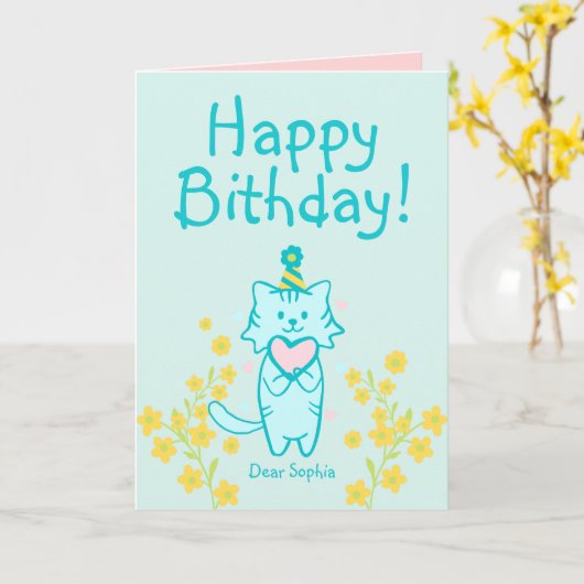 Gele bloemkool & blauwe kat met Pet & hartdag Kaart (Gele Bloem)