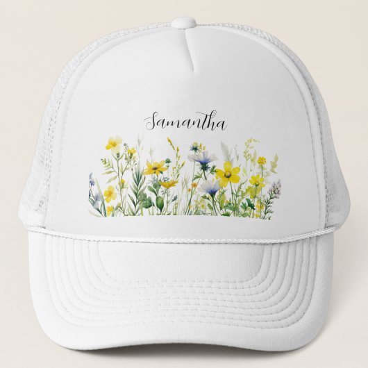 Gele bloemnaam trucker pet (Voorkant)