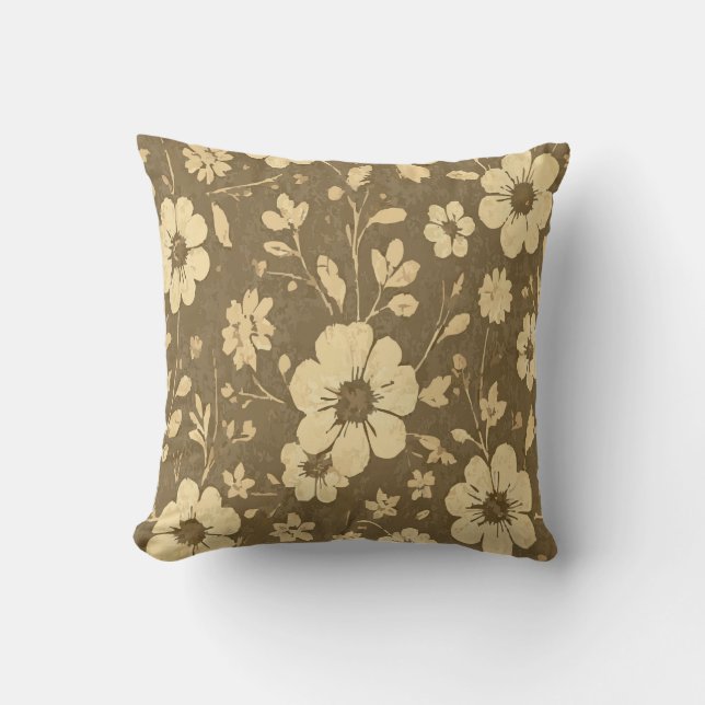 Gele bloempatroon – Warm vintagebruin Kussen (Voorkant)