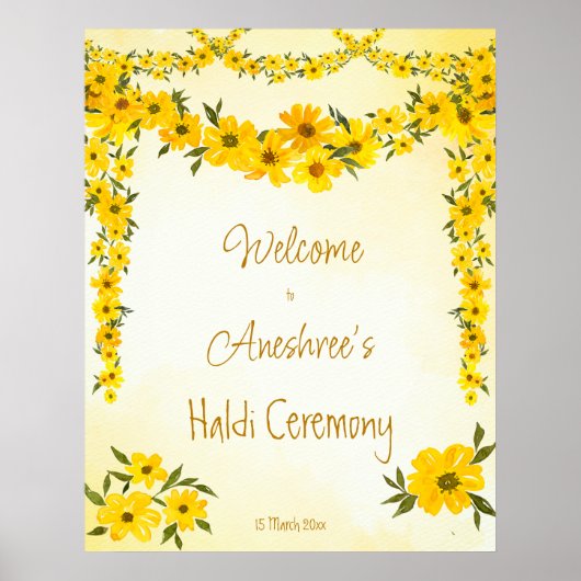 Gele bloemrijke tuinland Indische bruiloft haldi w Poster (Voorkant)