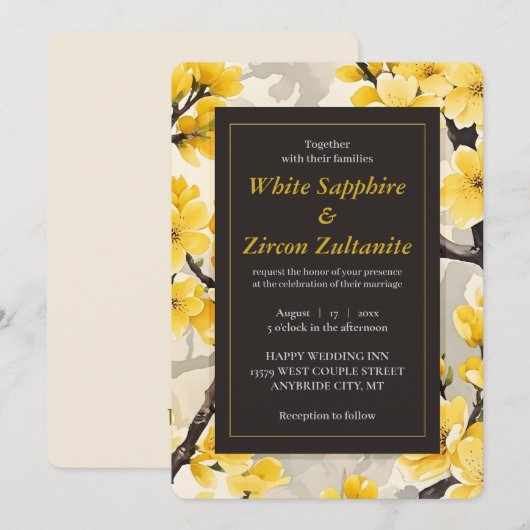 Gele Bloesem Zwarte Huwelijksuitnodiging Kaart (Voorkant / Achterkant)
