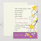 Gele bloesems paarse bruiloft gewoonte kaart (Voorkant / Achterkant)