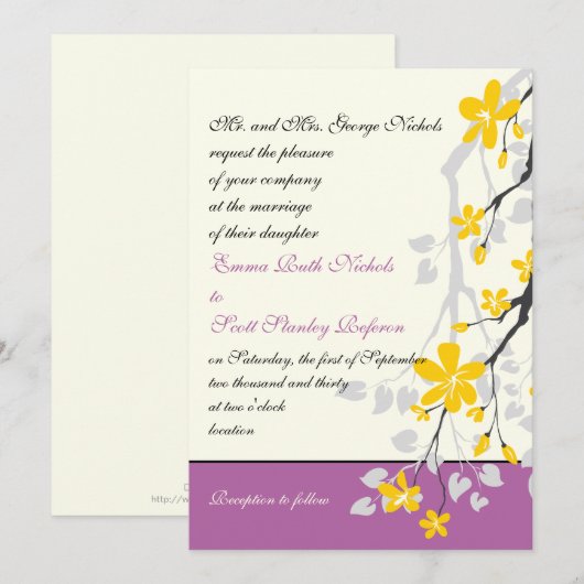 Gele bloesems paarse bruiloft gewoonte kaart (Voorkant / Achterkant)