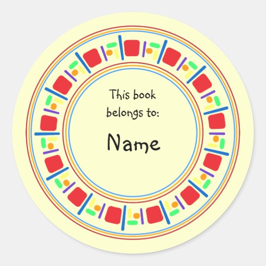 Gele boekenplaat met kleurrijke rand ronde sticker (Voorkant)