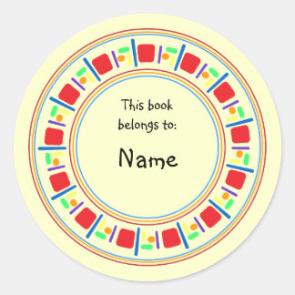 Gele boekenplaat met kleurrijke rand ronde sticker