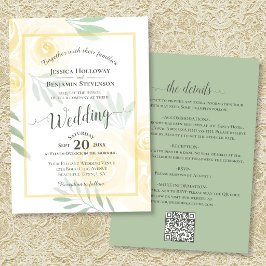 Gele Boho Rozen Calligrafie & QR Code Trouwen Kaart