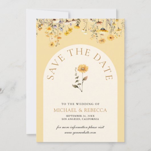 Gele Boho Wildflower Bloemen Bruiloft Foto Save The Date (Voorkant)