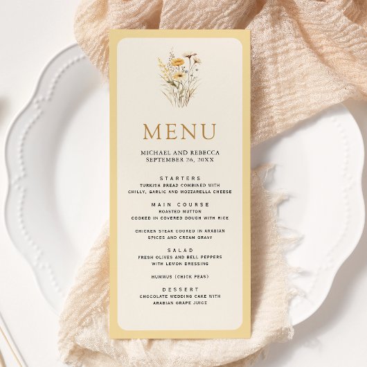 Gele Boho Wildflower Bloemen Bruiloft Menu