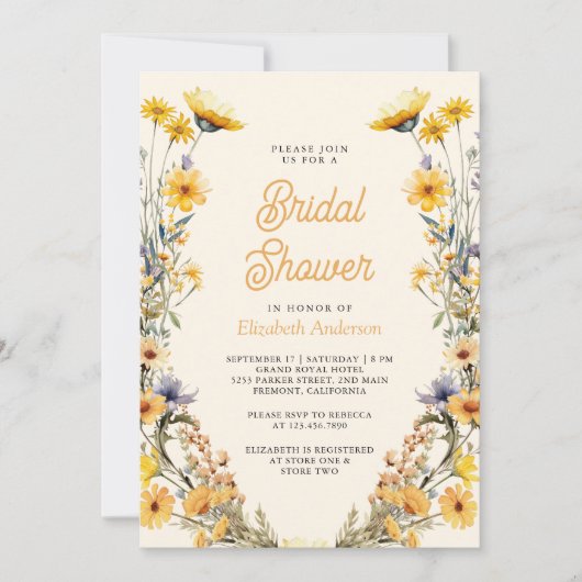 Gele Boho Wildflower Bloemen Foto Bruidsdouche Kaart (Voorkant)